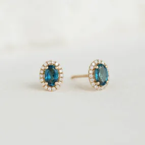 London Blue Topaz Halo Stud Earrings 14k Gold - Marzia