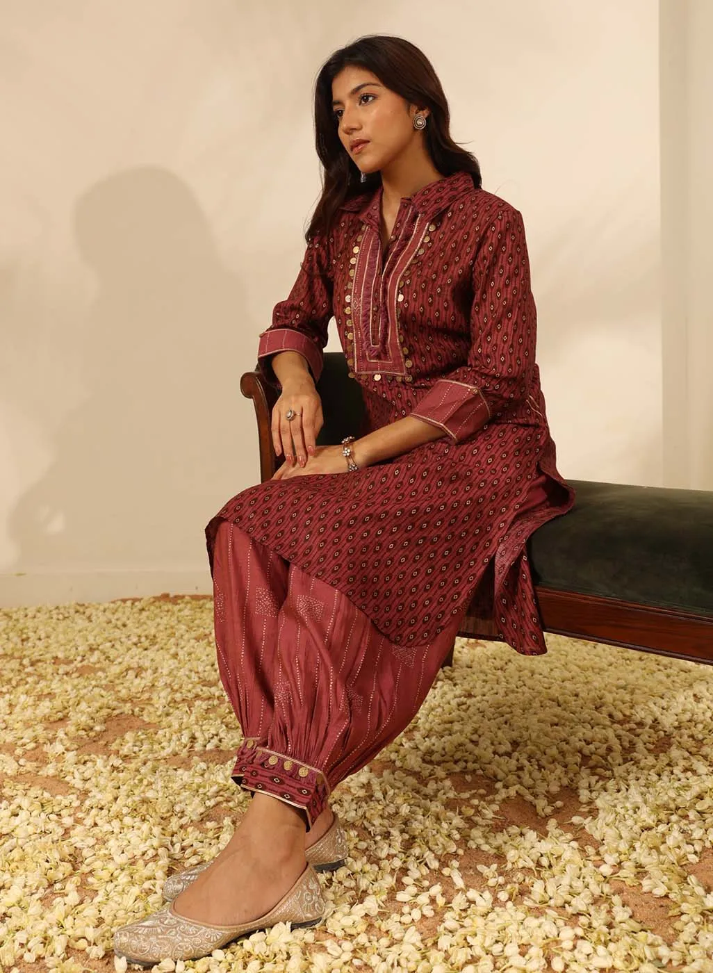 Maroon Collared Straight Kurta