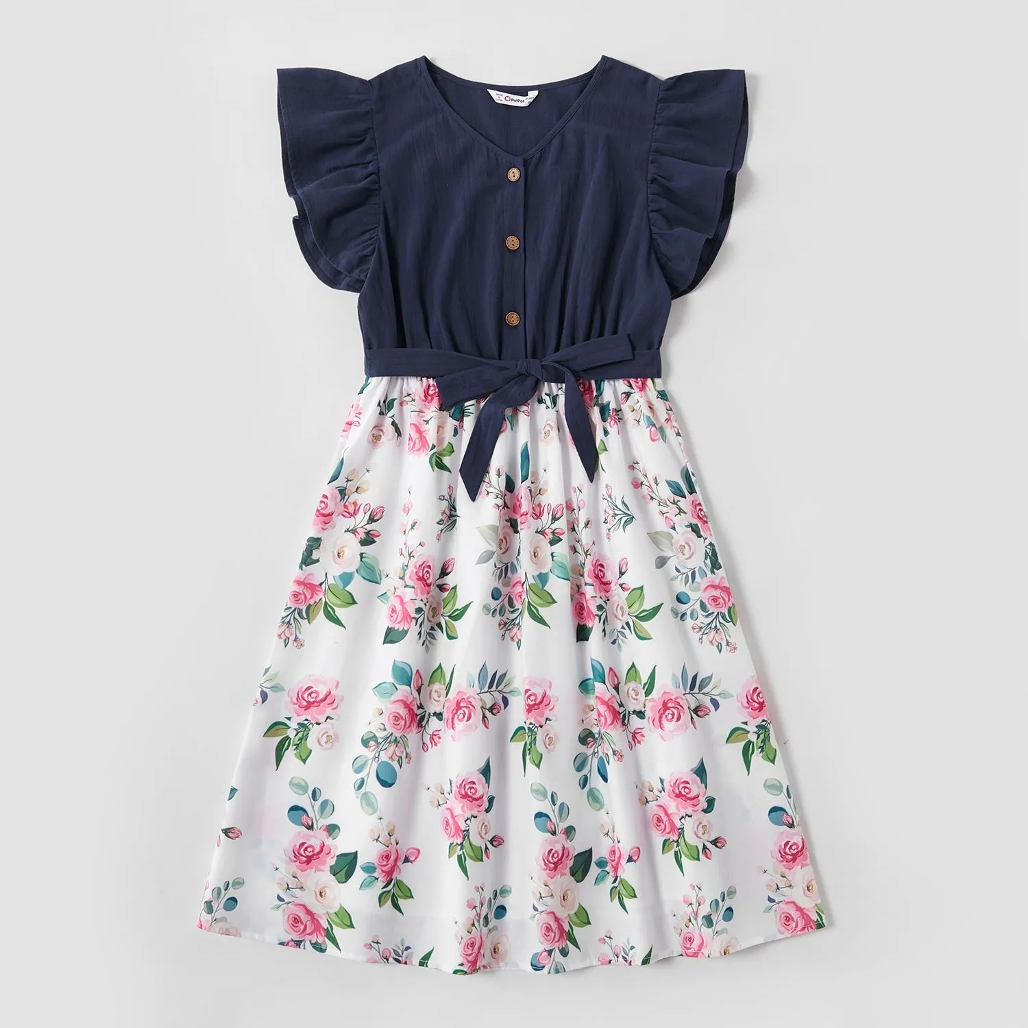 Matching Family Outfit - Mummy and Daughter Blue Floral Dress with Ruffles