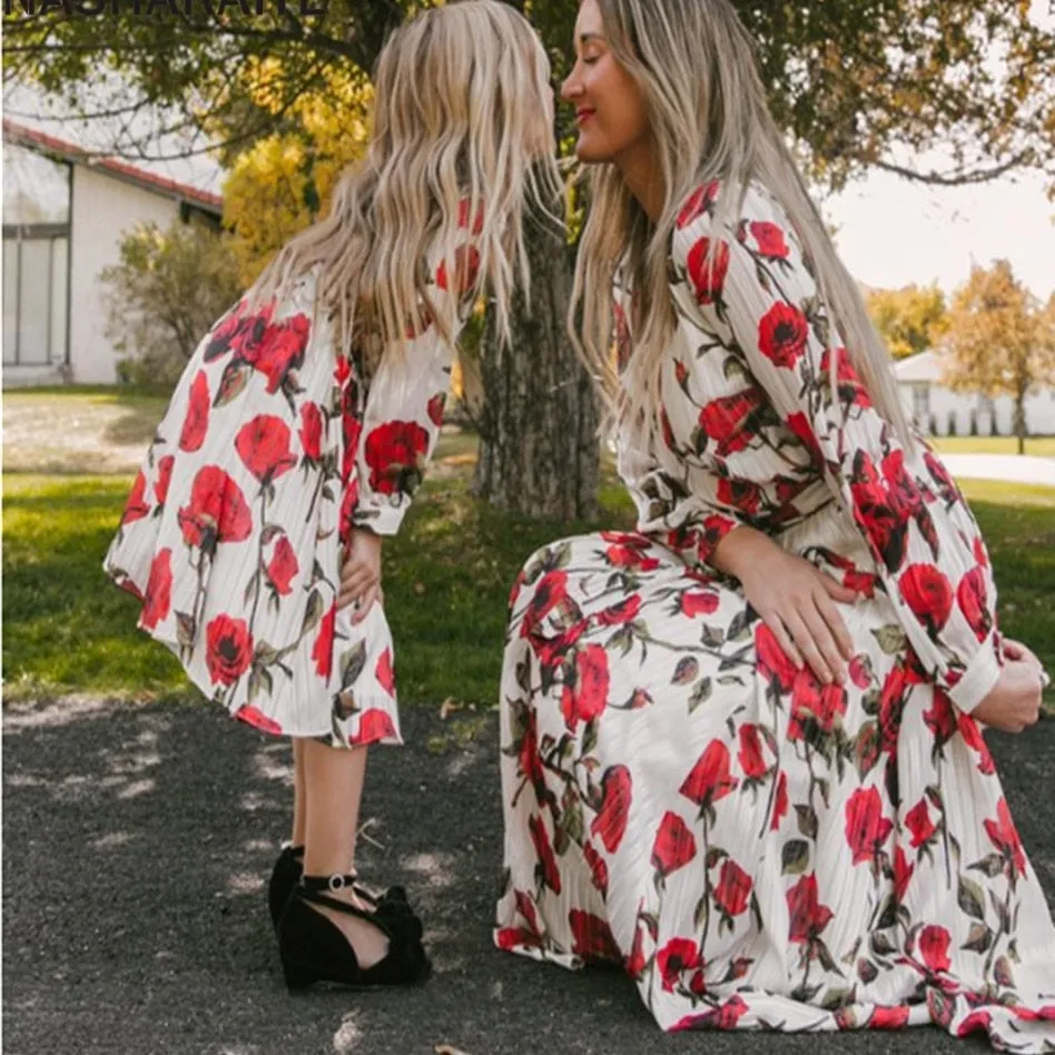 Matching Family Outfit - Mummy and Daughter Large Flowers Long Dress