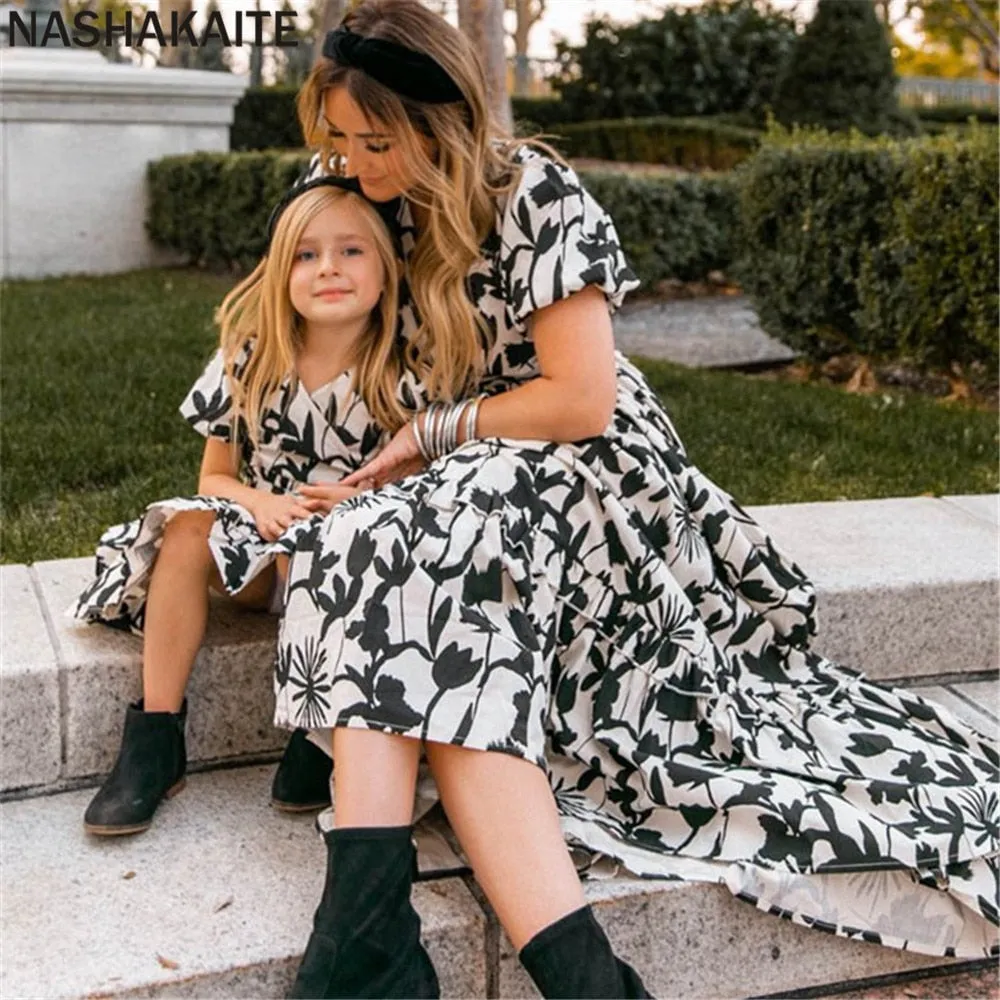 Matching Family Outfit - Mummy and Daughter Large Flowers Long Dress