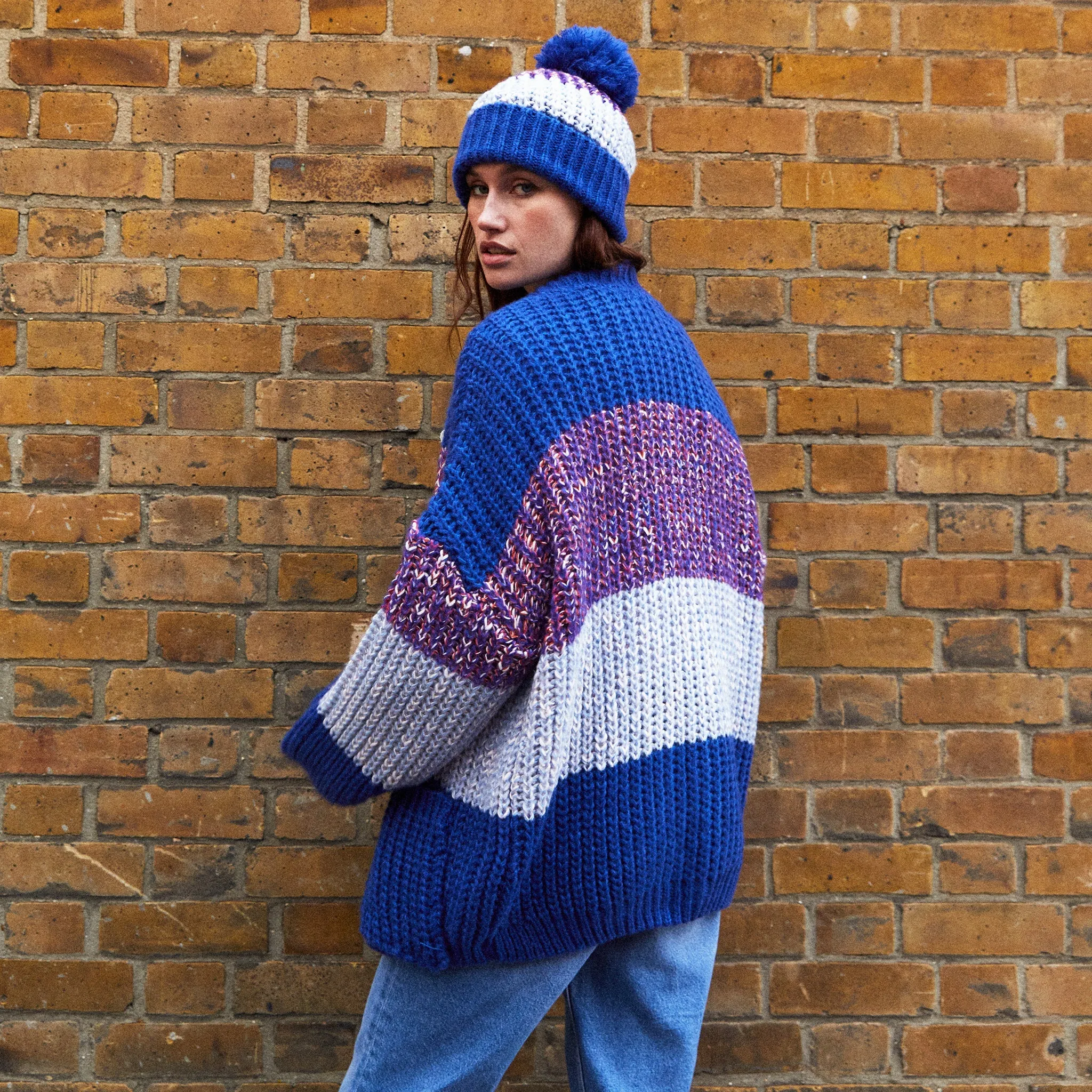 Phoebe Stripe Beanie Bobble Hat - Cobalt Blue