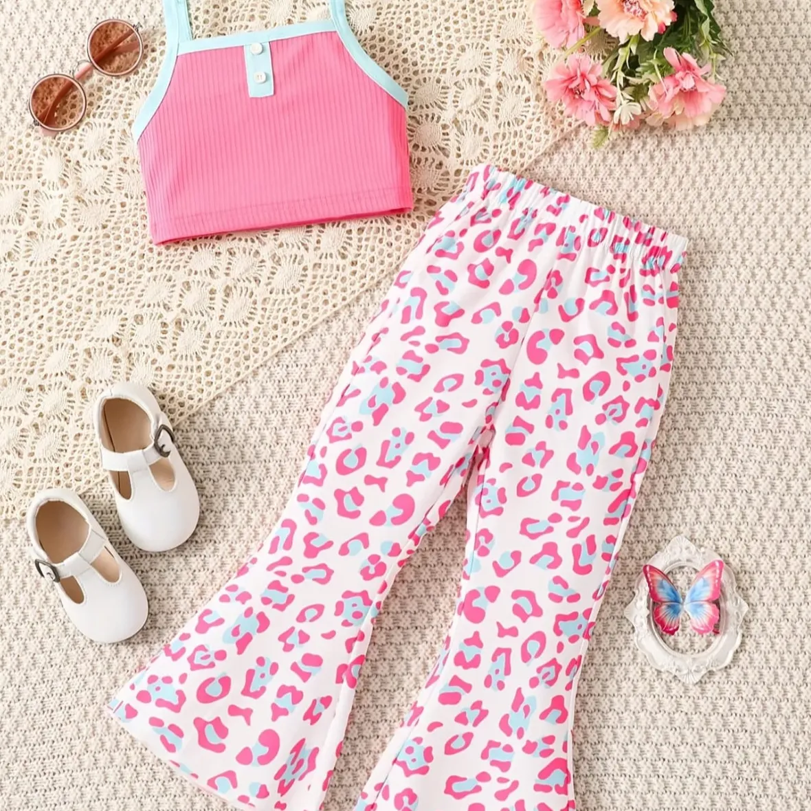 PP-2pcs Girls Button Color Block Cami Tops & Leopard Flare Leg Pants Set Kids Summer Clothe PP55