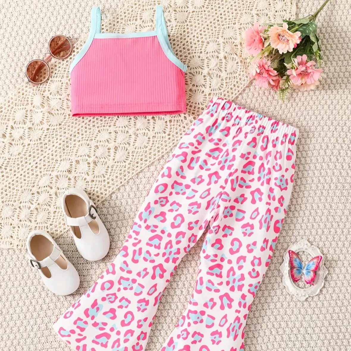 PP-2pcs Girls Button Color Block Cami Tops & Leopard Flare Leg Pants Set Kids Summer Clothe PP55