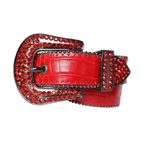 Rhinestone Red Belt With Red Textured Strap Black Buckle