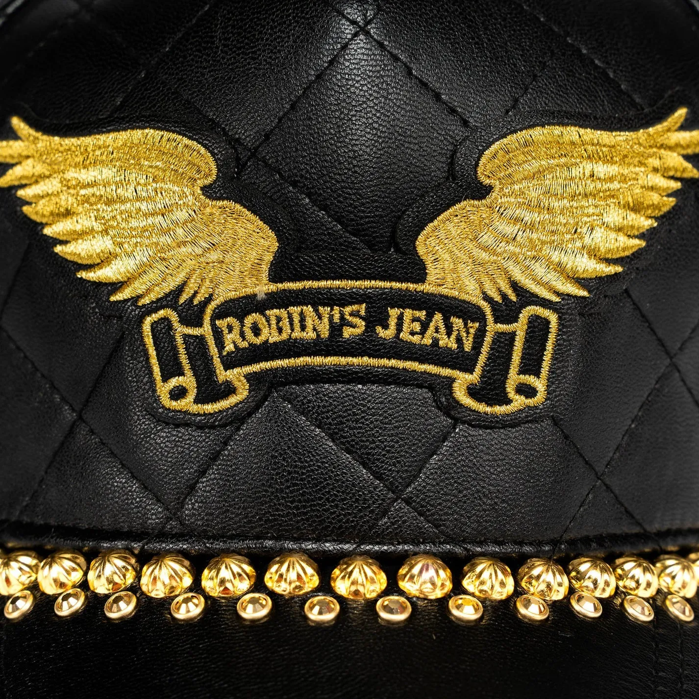 ROBINS LEATHER QUILTED CAP WITH GOLD WINGS STUDS AND CRYSTALS IN BLACK