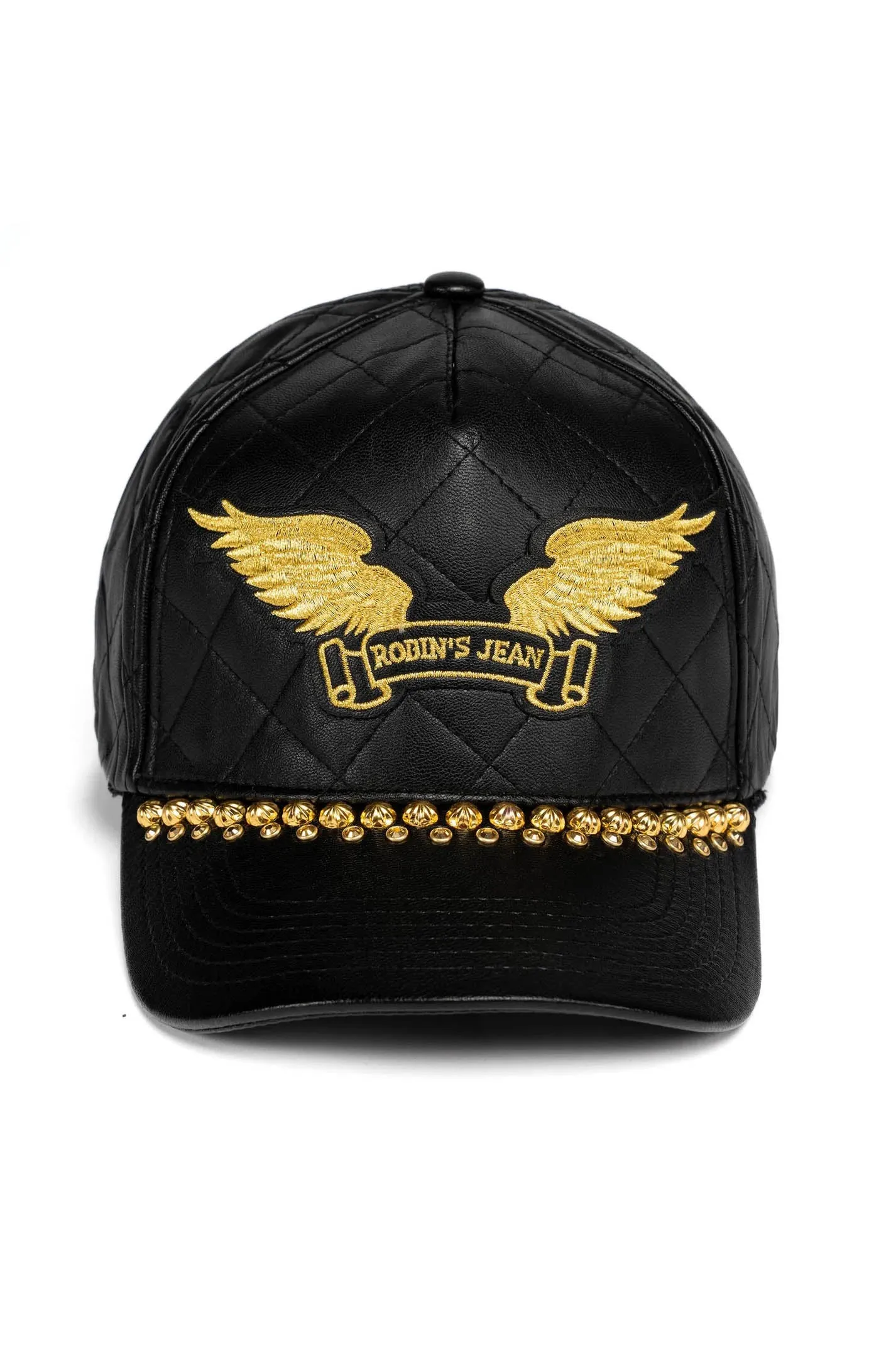 ROBINS LEATHER QUILTED CAP WITH GOLD WINGS STUDS AND CRYSTALS IN BLACK