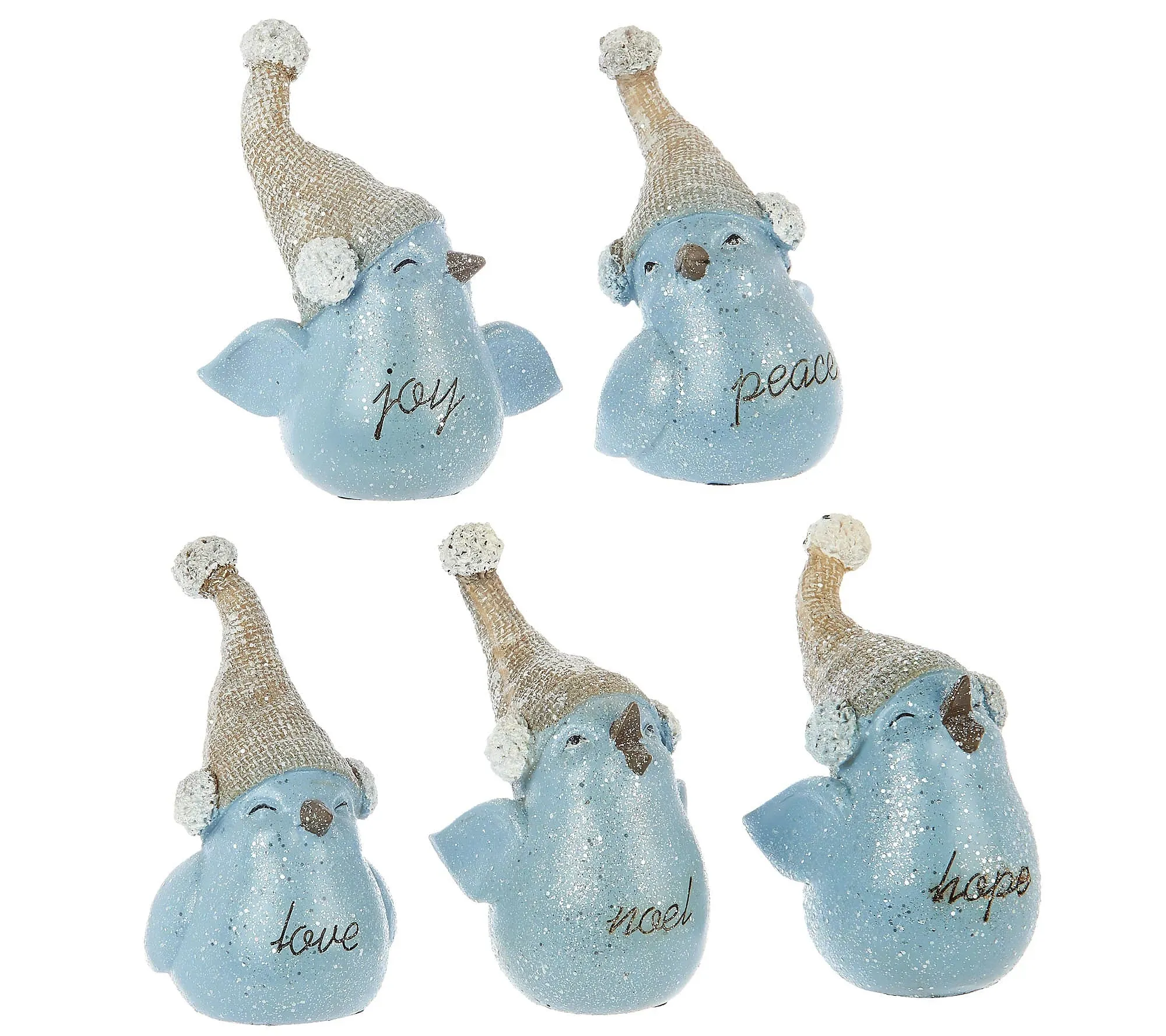 Set of 5 Glittered Inspirational Snowbirds Ornaments by Valerie, Blue