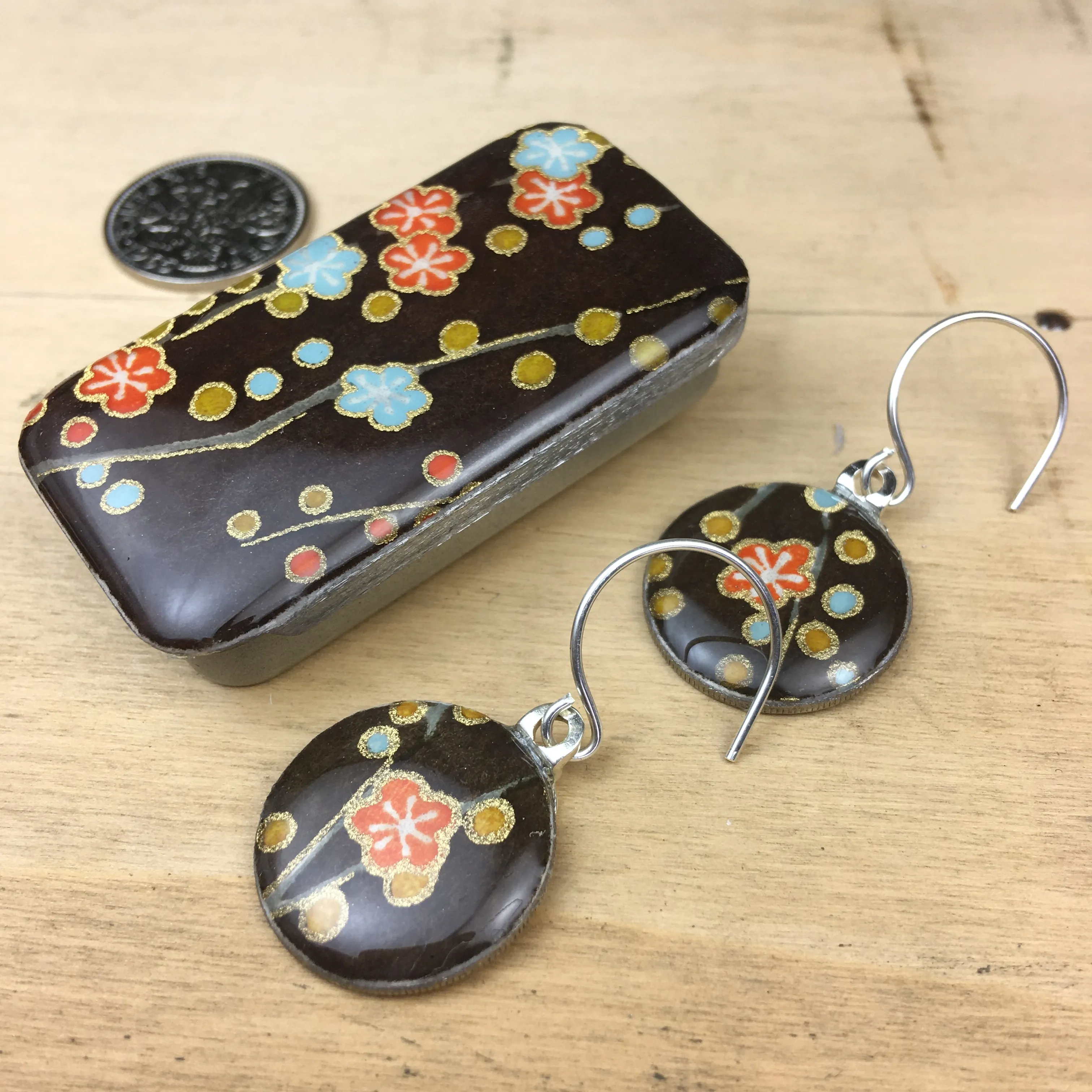 Sixpence Earrings and Teeny Tiny Tin Mocha