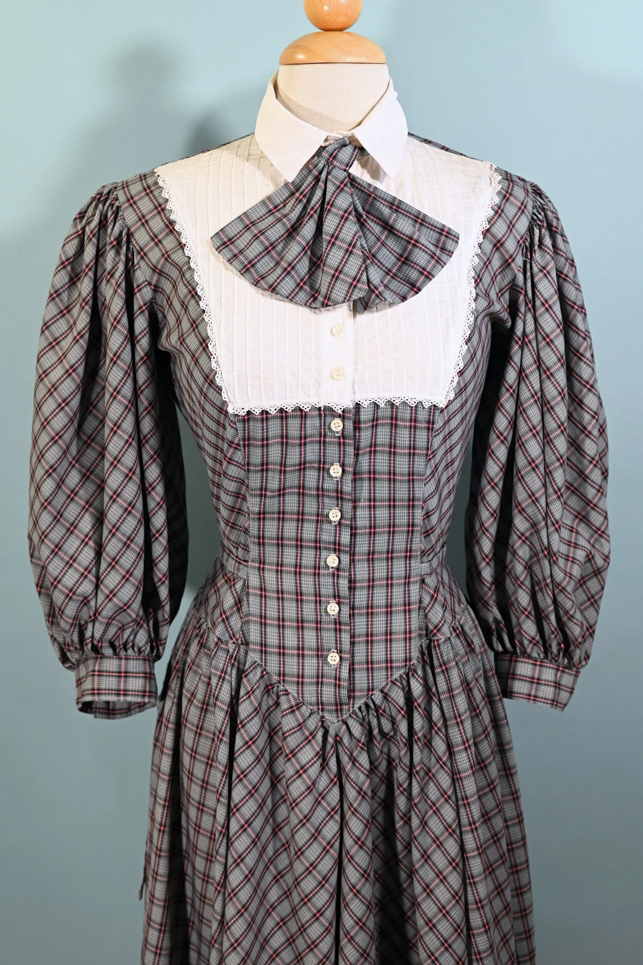 SOLD Vintage Foxy Lady Plaid Prairie Dress, Dark Academia, Victorian Revival Dress S