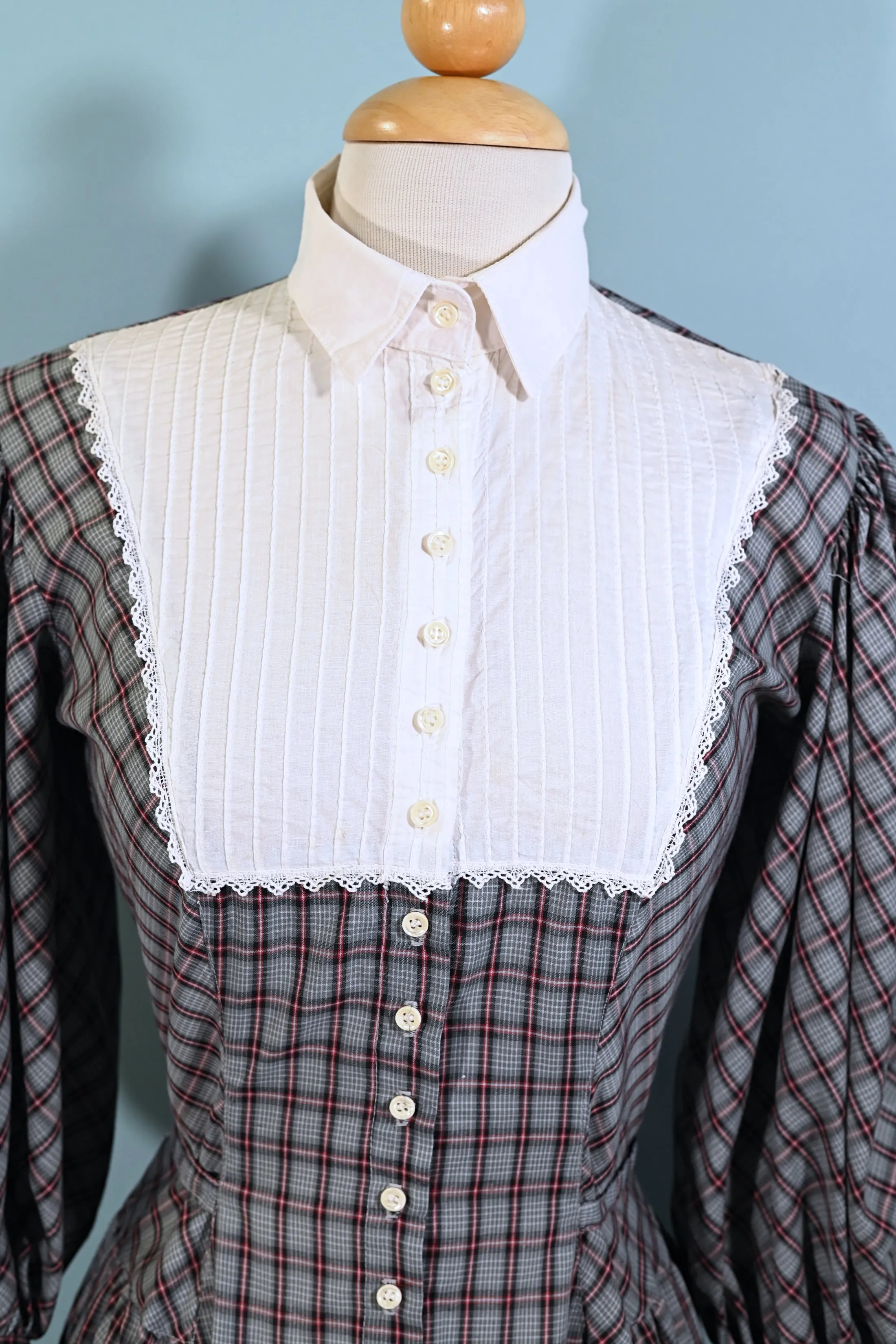 SOLD Vintage Foxy Lady Plaid Prairie Dress, Dark Academia, Victorian Revival Dress S