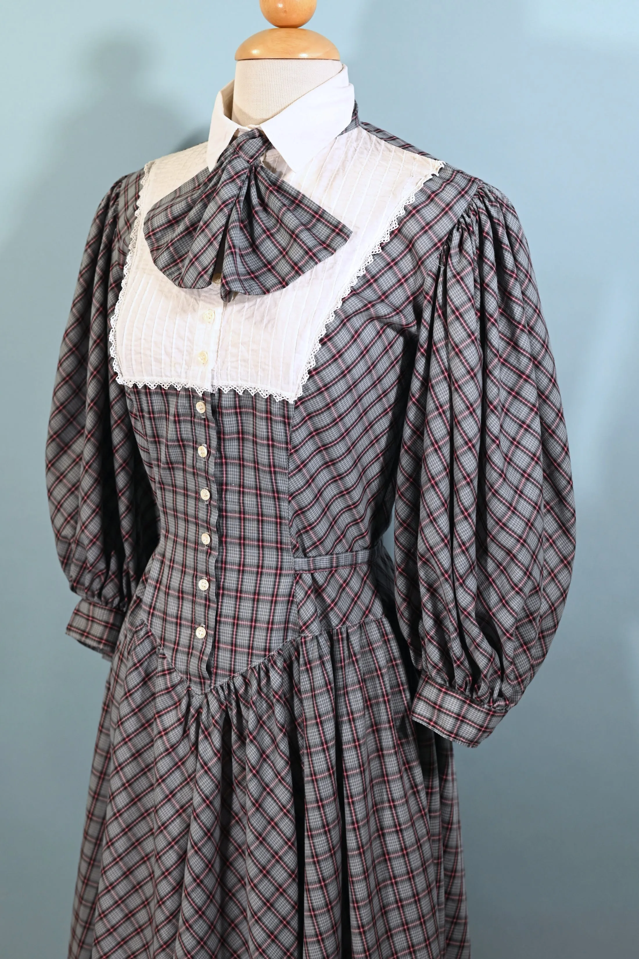 SOLD Vintage Foxy Lady Plaid Prairie Dress, Dark Academia, Victorian Revival Dress S