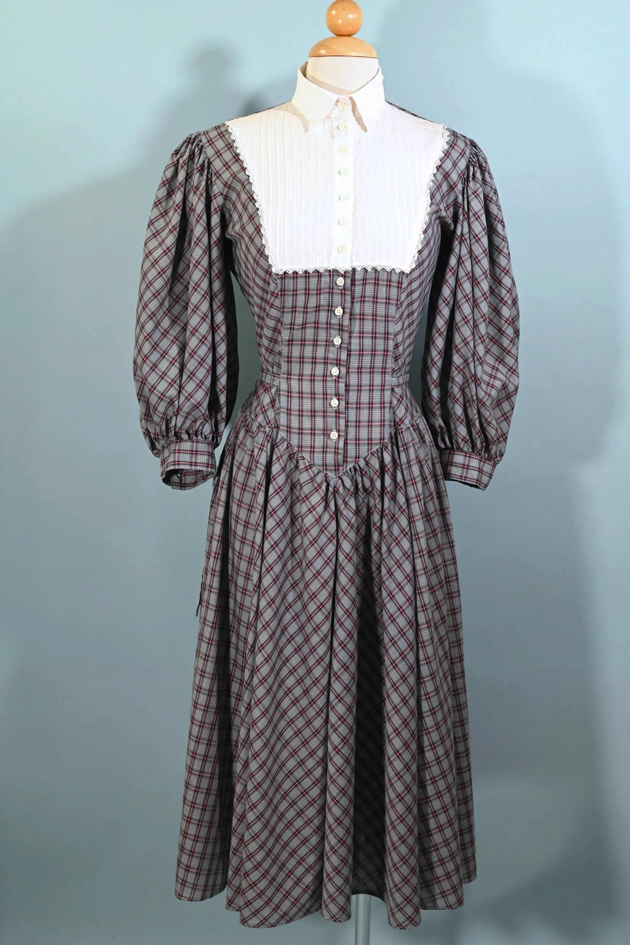 SOLD Vintage Foxy Lady Plaid Prairie Dress, Dark Academia, Victorian Revival Dress S