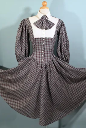 SOLD Vintage Foxy Lady Plaid Prairie Dress, Dark Academia, Victorian Revival Dress S