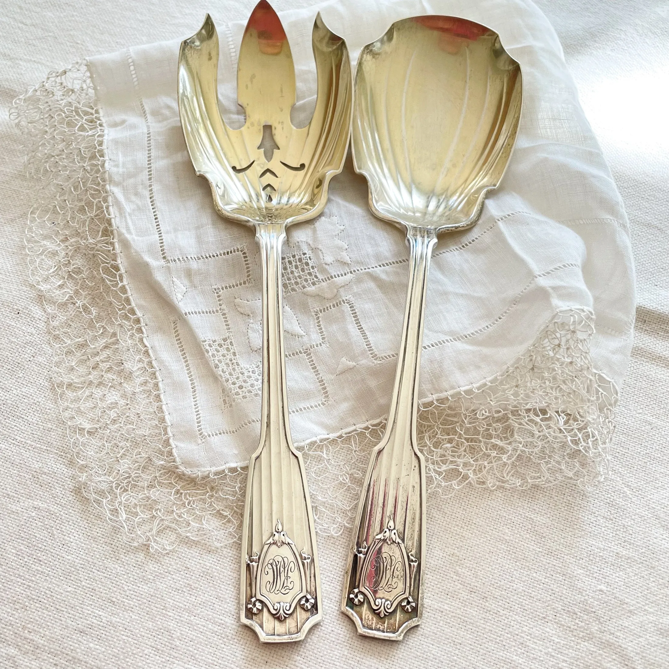 Sterling Silver Gorham Spotswood Salad Serving Set, 1912 Monogrammed 2 Piece Set