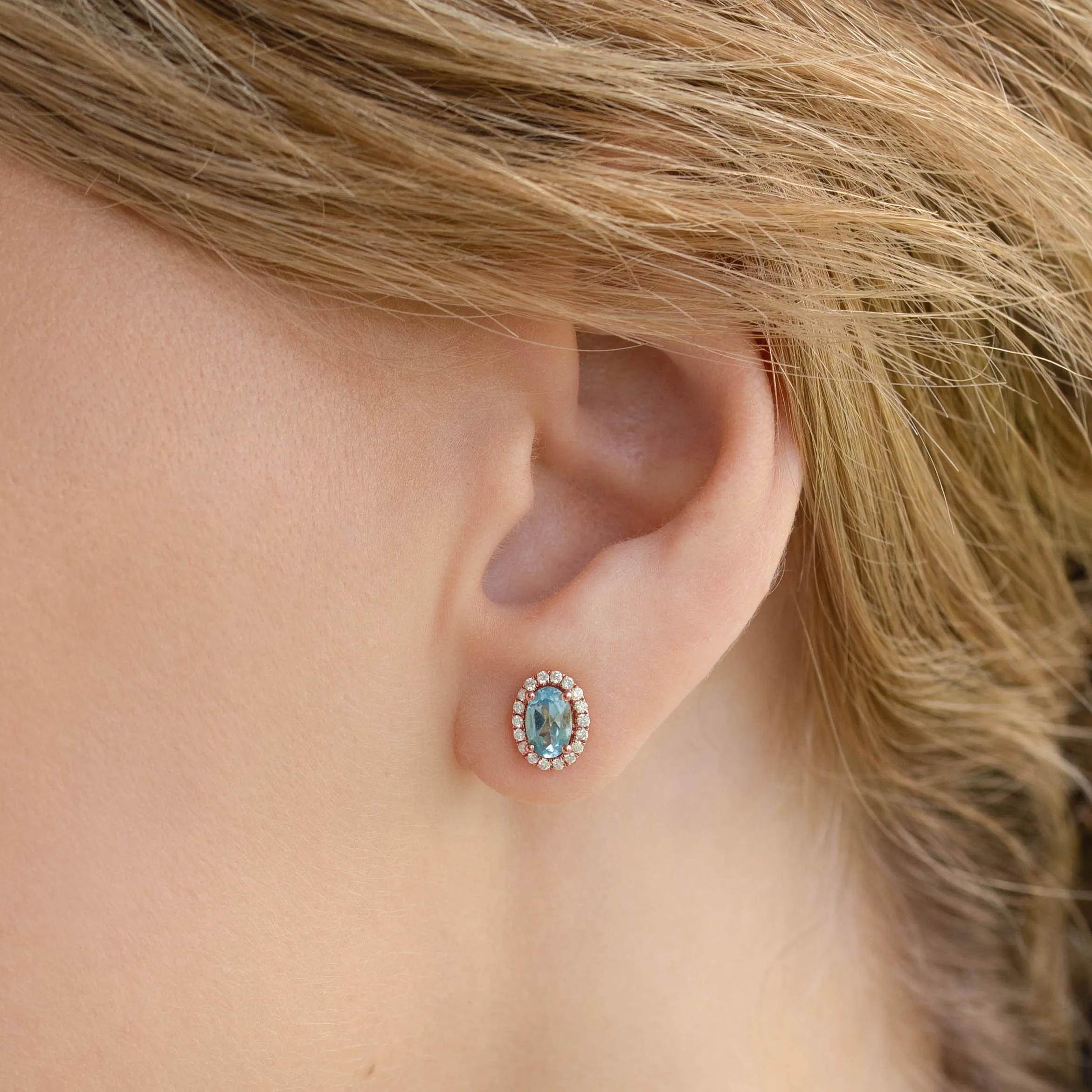 Swiss Blue Topaz Halo Stud Earrings Rose Gold - Marzia