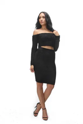 THE MYSTYLEMODE FEATHER LONG SLEEVE CROP TOP MIDI SKIRT SET