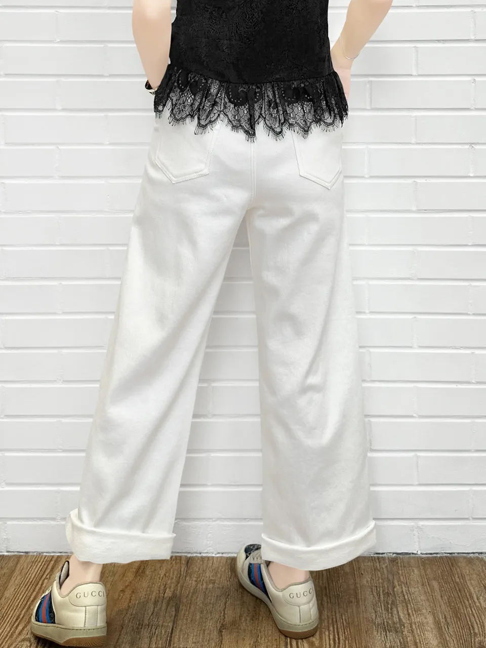 White Canvas Wideleg Slouchy Logo Embroidery Trousers