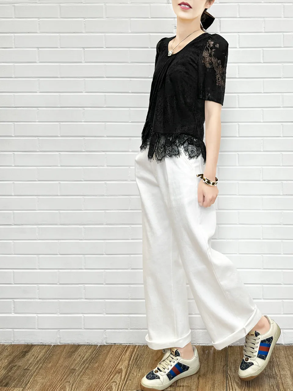 White Canvas Wideleg Slouchy Logo Embroidery Trousers