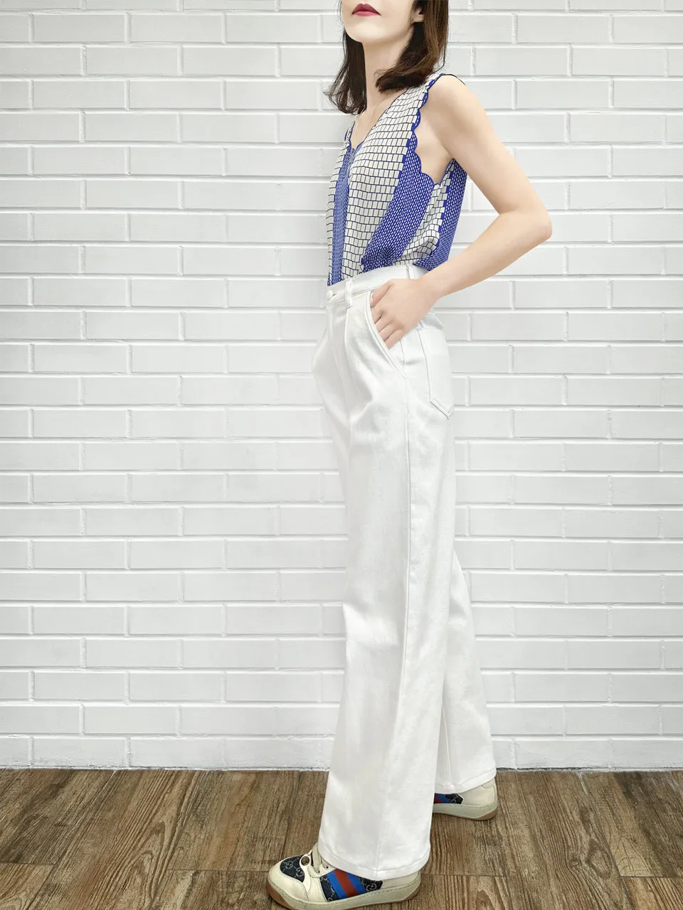 White Canvas Wideleg Slouchy Logo Embroidery Trousers