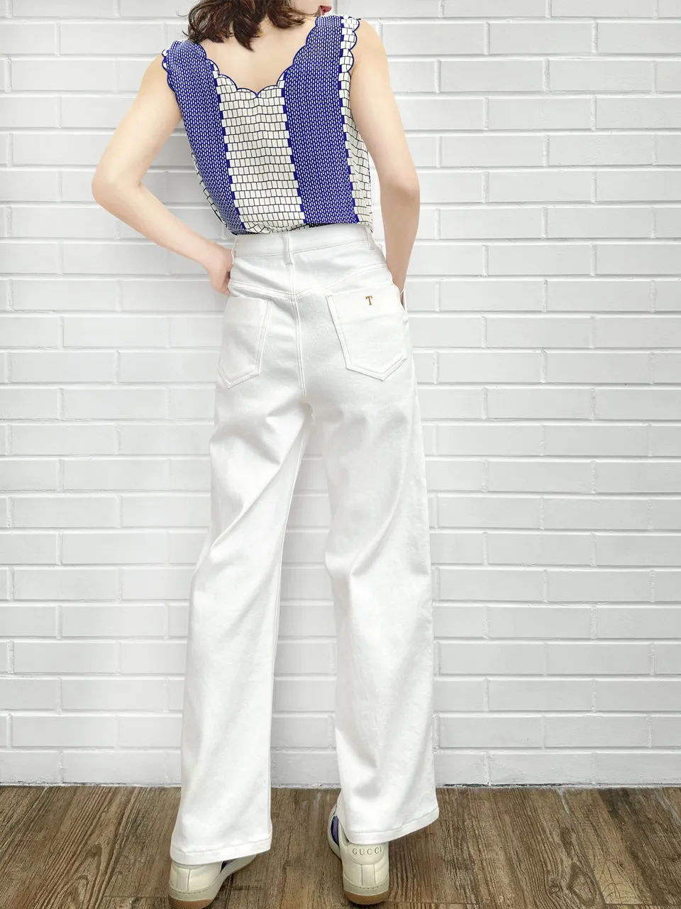 White Canvas Wideleg Slouchy Logo Embroidery Trousers