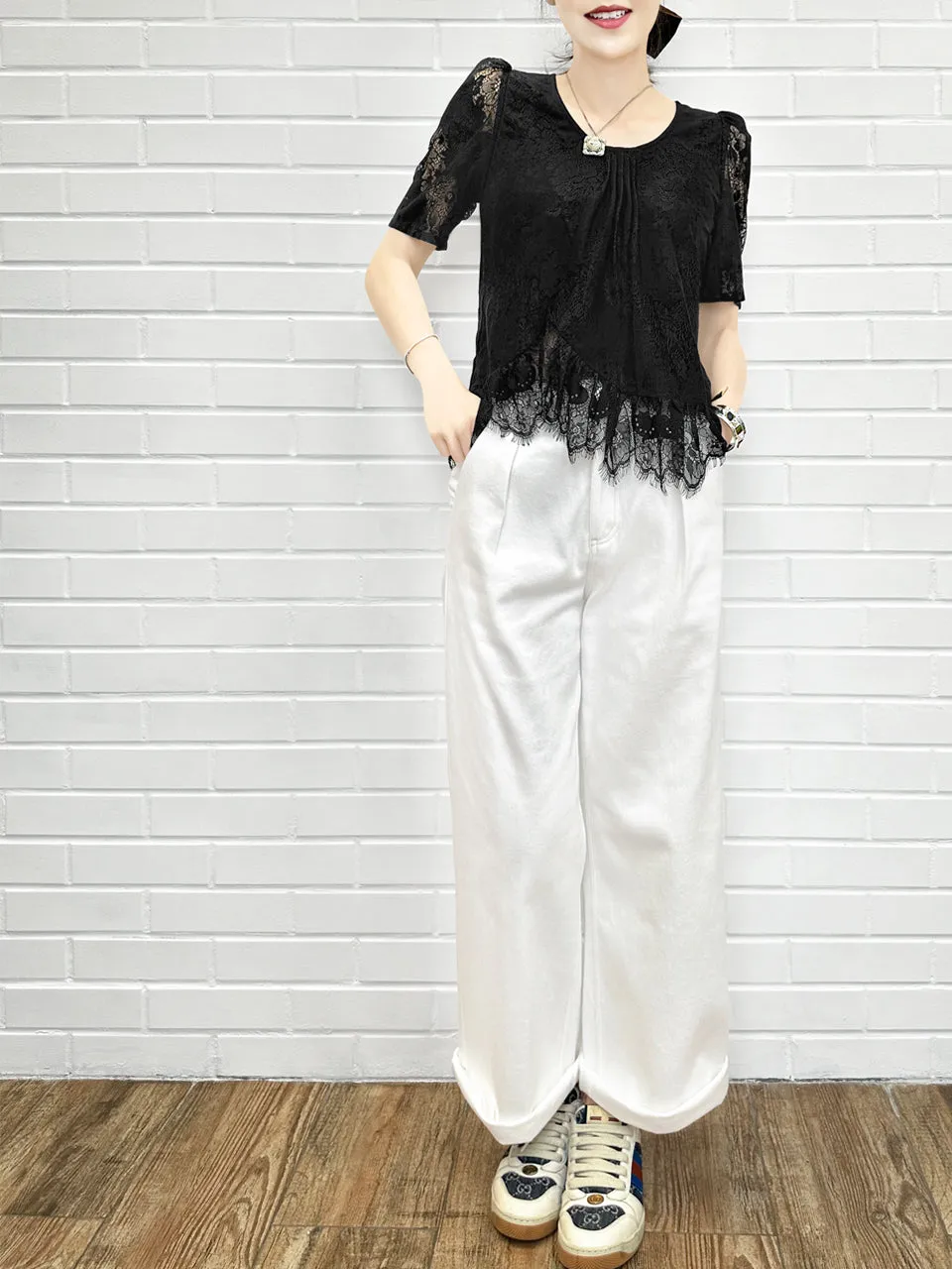 White Canvas Wideleg Slouchy Logo Embroidery Trousers