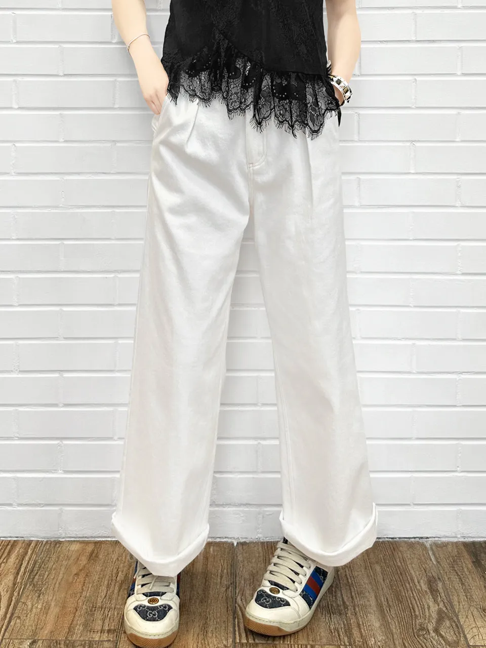 White Canvas Wideleg Slouchy Logo Embroidery Trousers