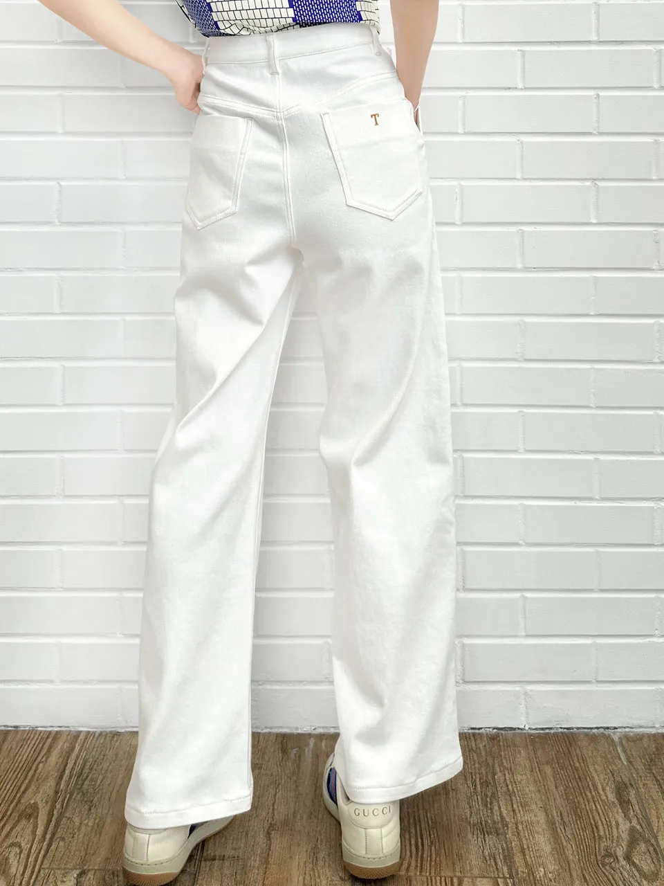 White Canvas Wideleg Slouchy Logo Embroidery Trousers