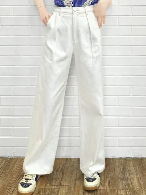 White Canvas Wideleg Slouchy Logo Embroidery Trousers