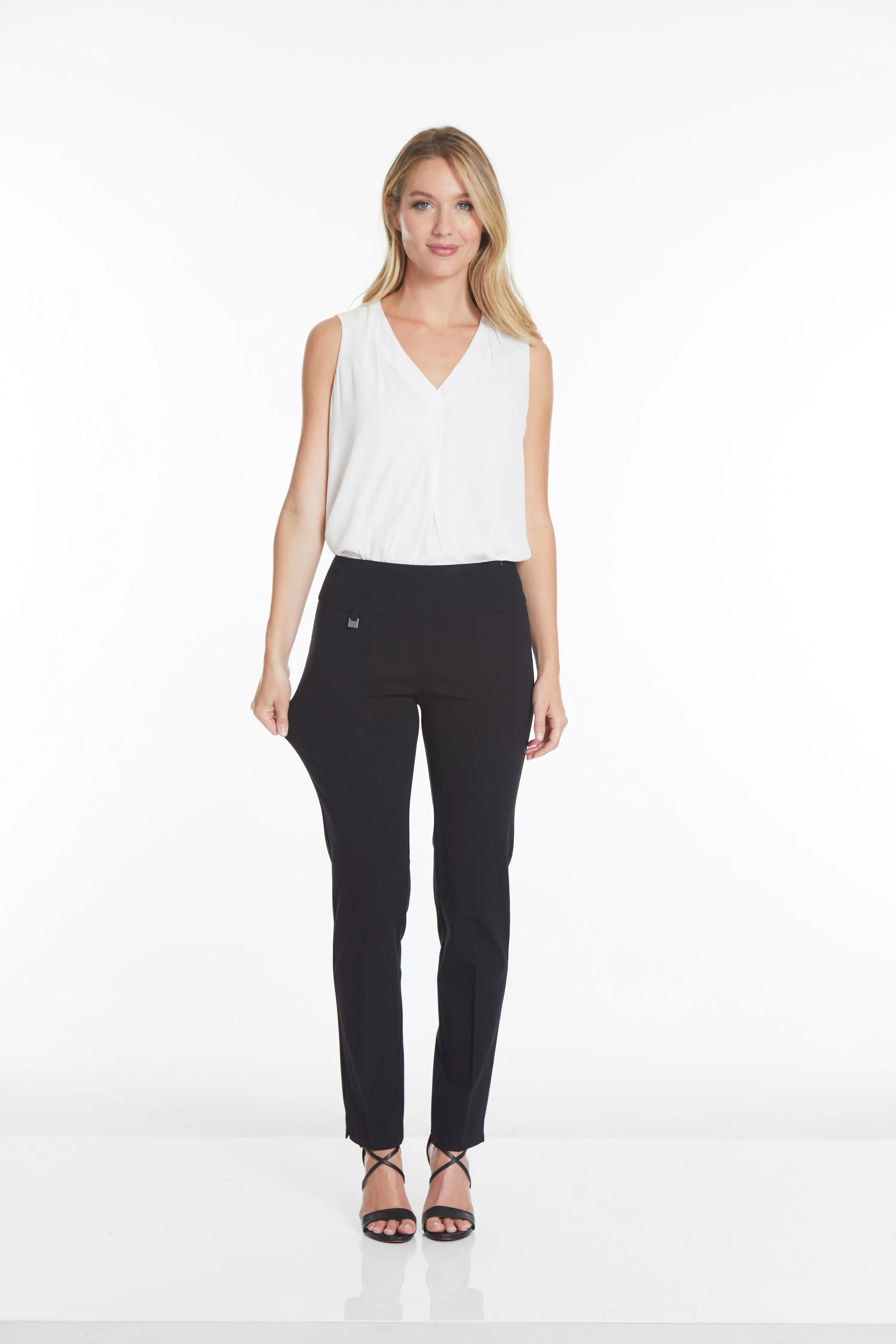 Wide Band Elastic Waist Black Ankle Pants