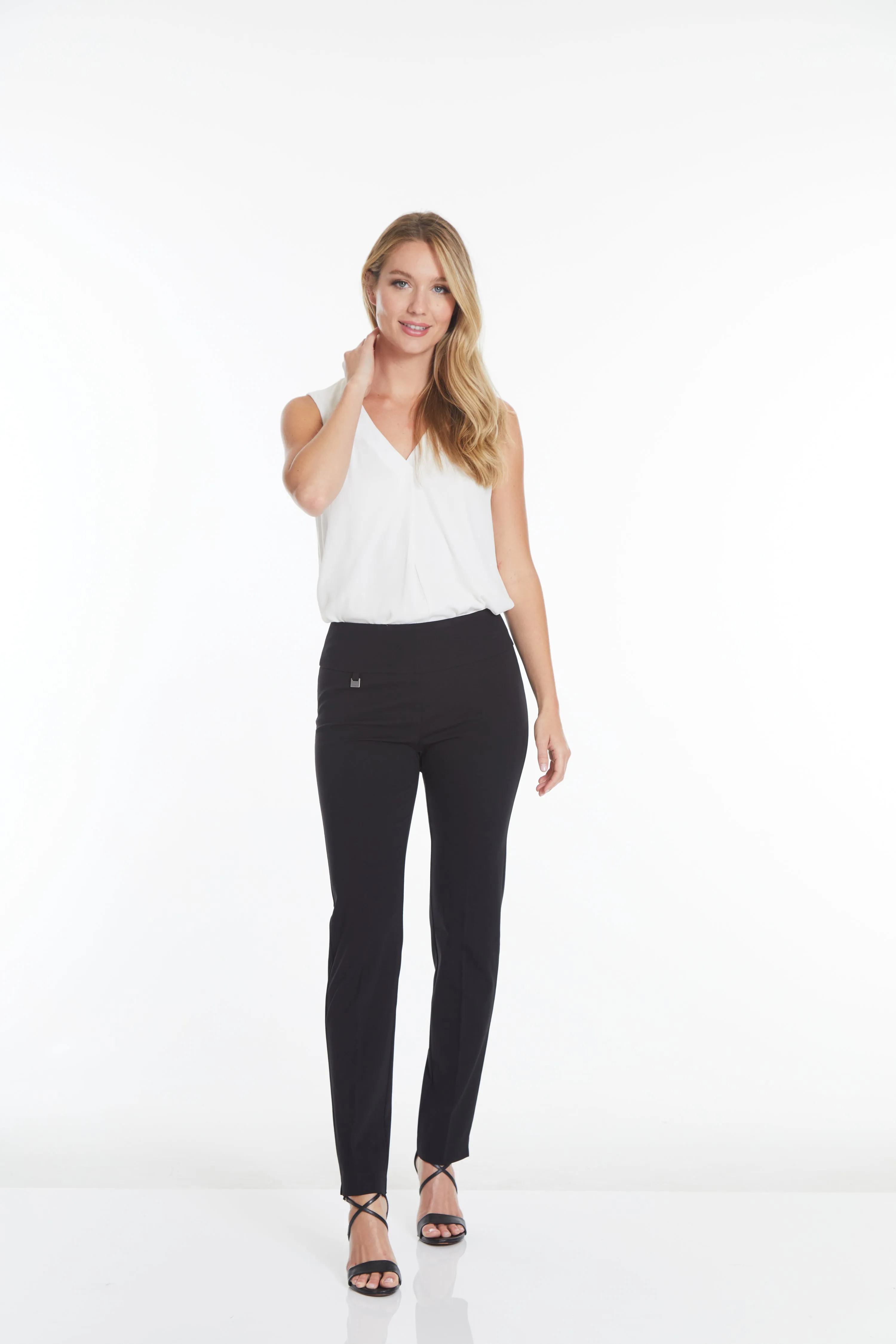 Wide Band Elastic Waist Black Ankle Pants