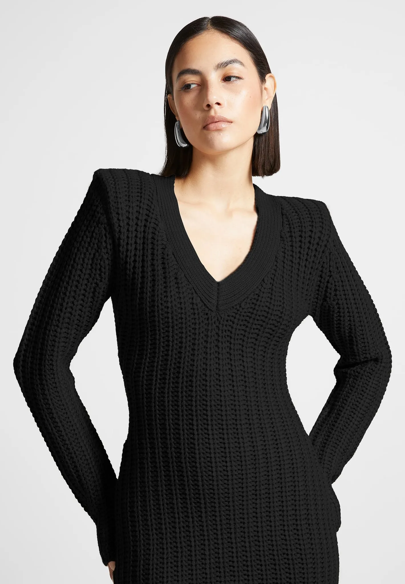 Wide Shoulder Knitted Midaxi Dress - Black