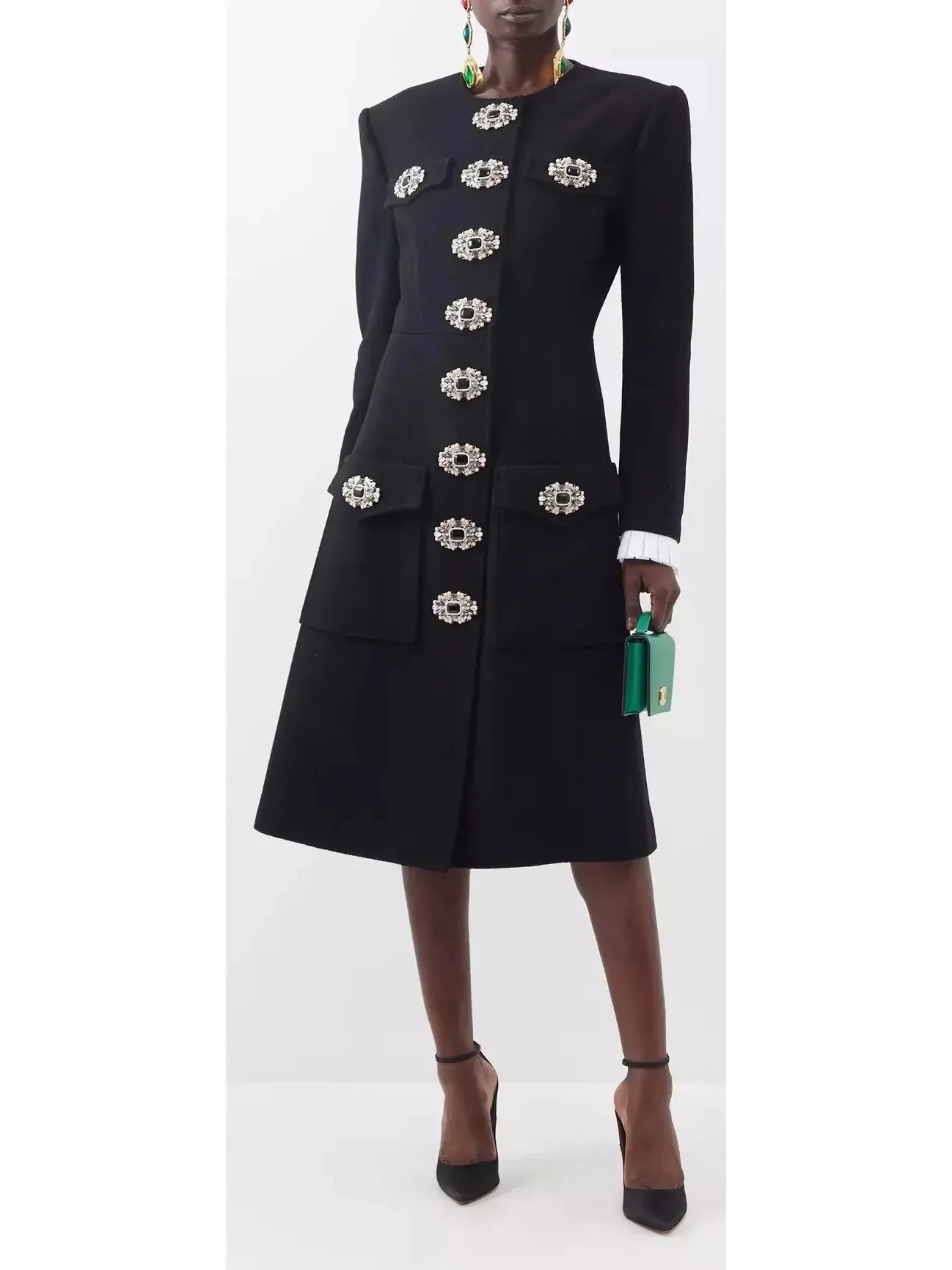 Women’s Button-Embellished Black Midi Coat