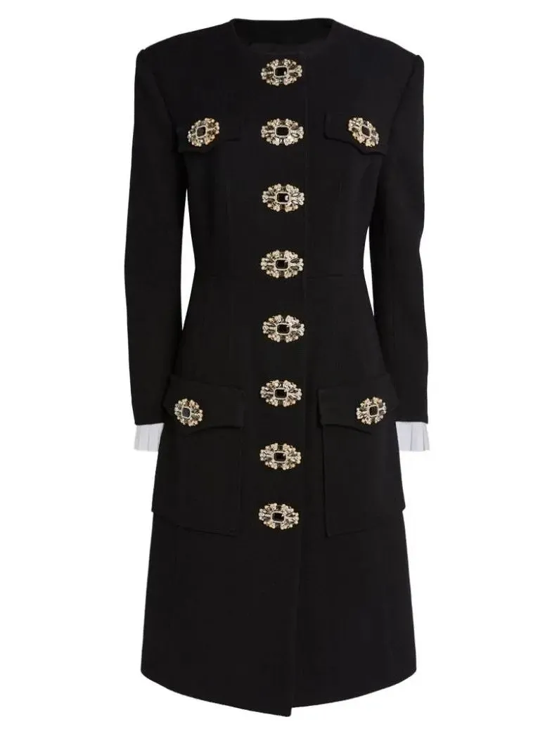 Women’s Button-Embellished Black Midi Coat