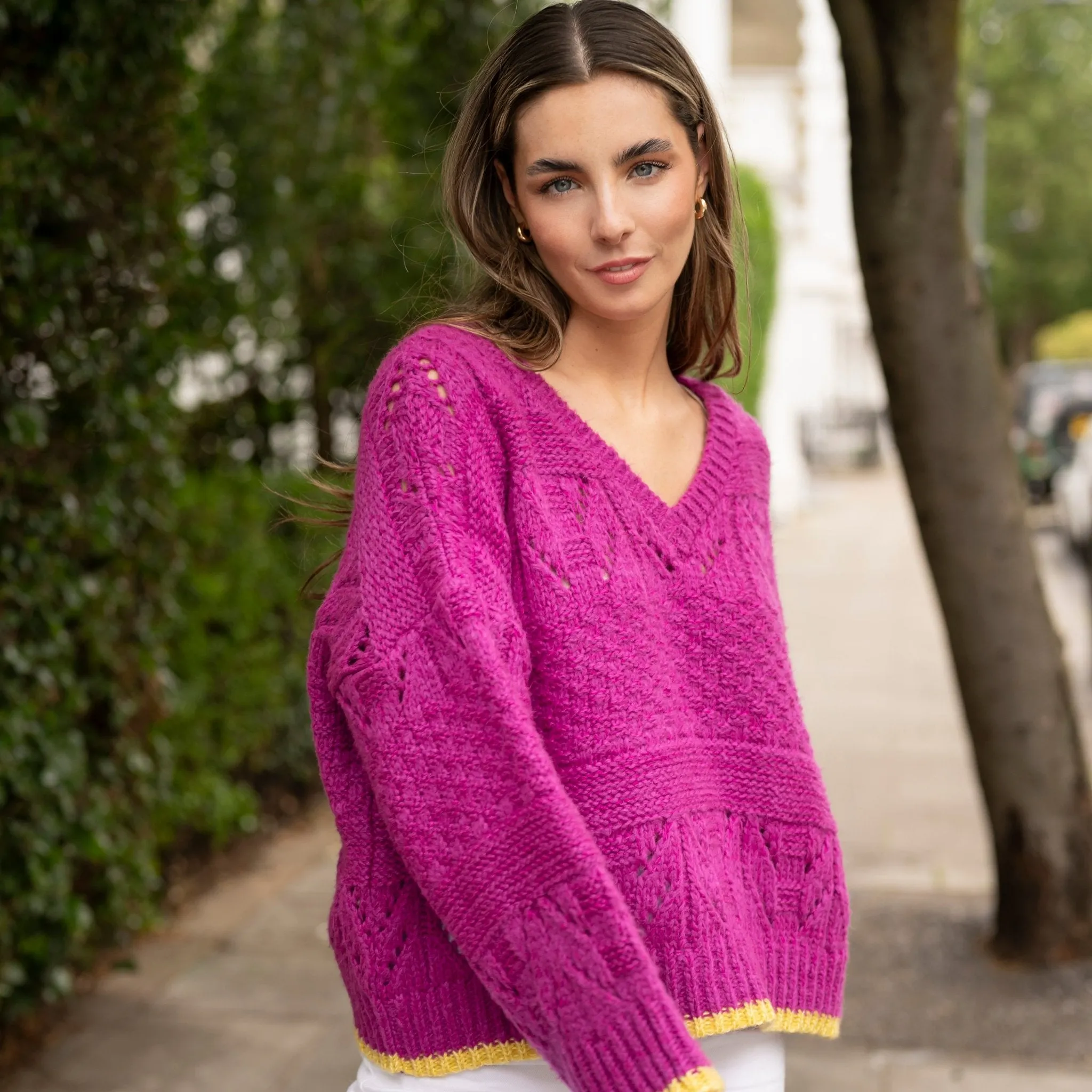 Zoe Pointelle V Neck Wide Sleeve Jumper - Fuchsia