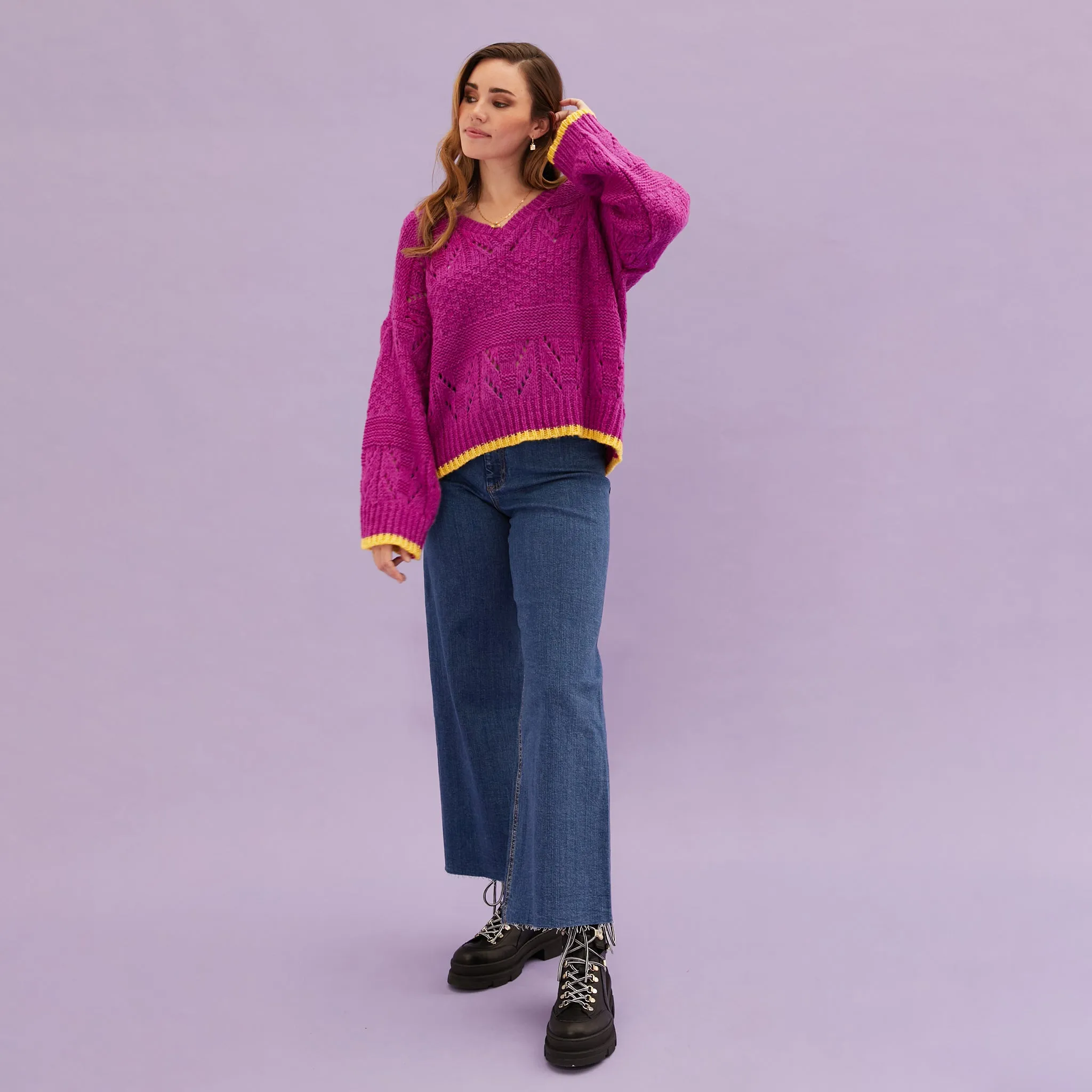 Zoe Pointelle V Neck Wide Sleeve Jumper - Fuchsia